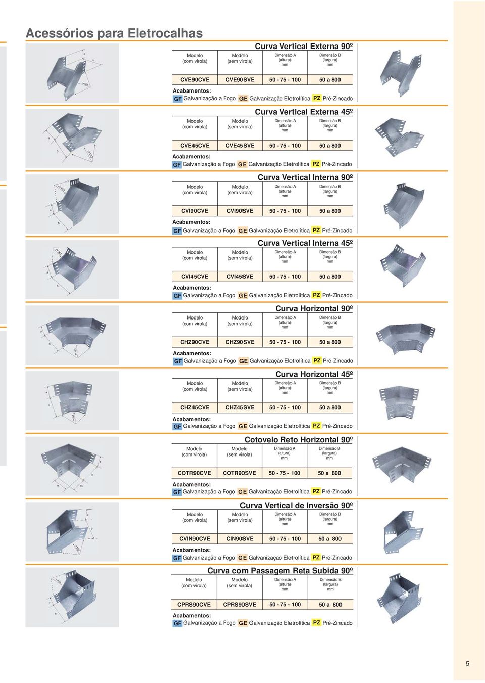 50-75 - 100 50 a 800 PZ Pré-Zincado Curva Horizontal 45º CHZ45CVE CHZ45SVE 50-75 - 100 50 a 800 PZ Pré-Zincado Cotovelo Reto Horizontal 90º COTR90CVE COTR90SVE 50-75 - 100 50 a 800 PZ Pré-Zincado