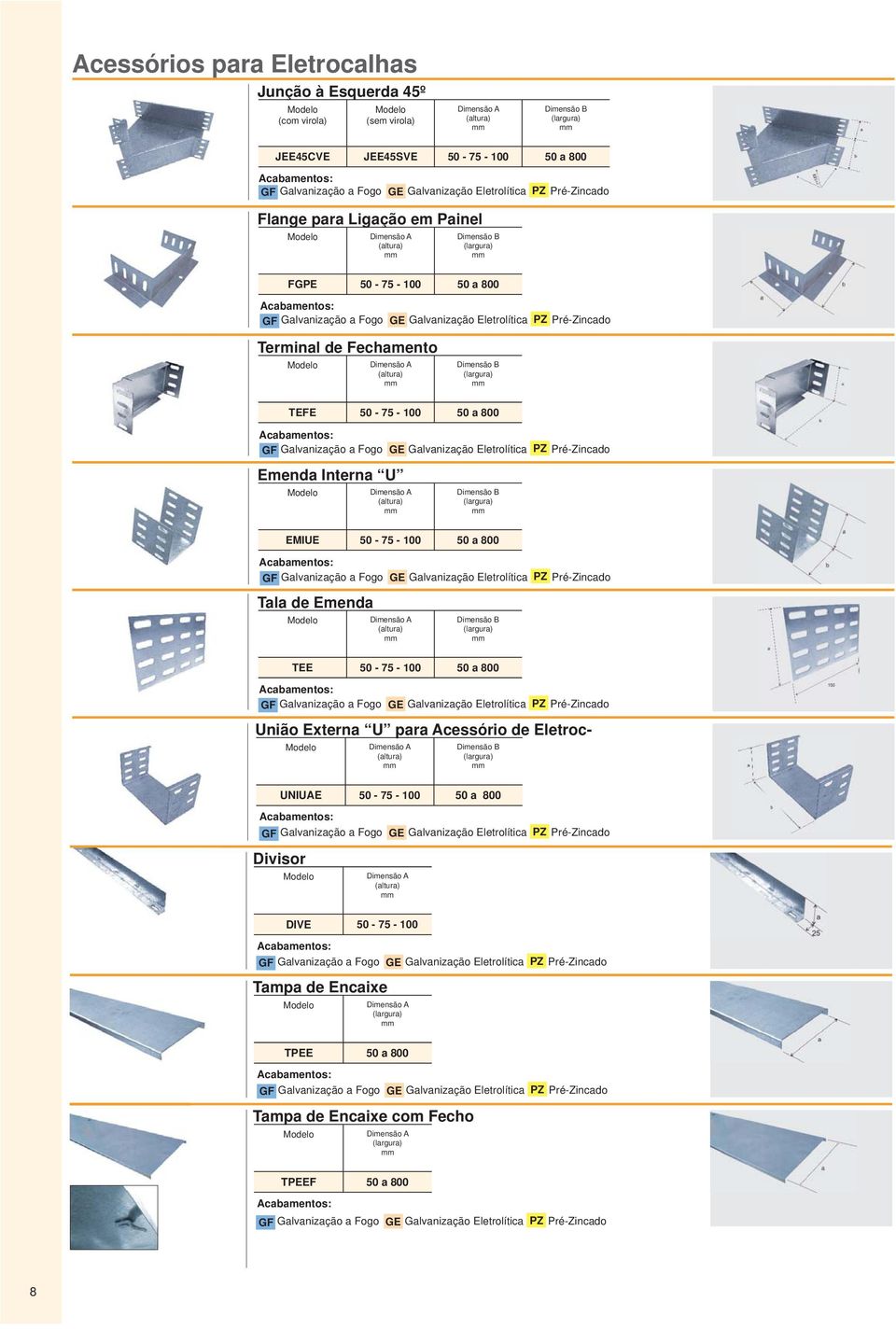 Pré-Zincado Tala de Emenda TEE 50-75 - 100 50 a 800 PZ Pré-Zincado União Externa U para Acessório de Eletroc- UNIUAE 50-75 - 100 50 a 800 PZ Pré-Zincado Divisor DIVE