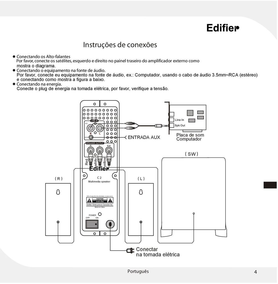 : Computador, usando o cabo de áudio 3.5mm~RCA (estéreo) e conectando como mostra a figura a baixo. Conectando na energia.