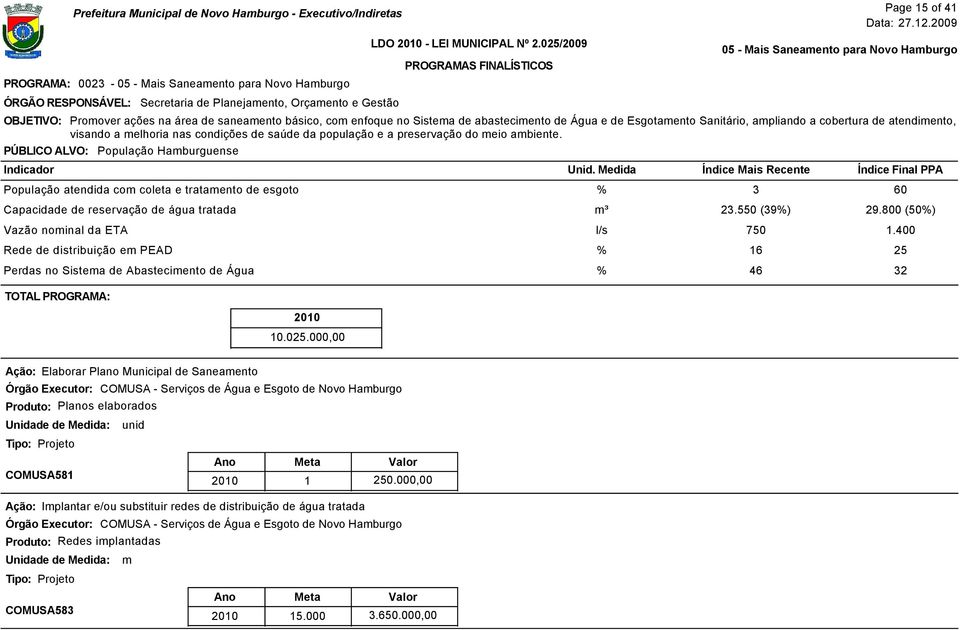 025/2009 Page 15 of 41 05 - Mais Saneamento para Novo Hamburgo Promover ações na área de saneamento básico, com enfoque no Sistema de abastecimento de Água e de Esgotamento Sanitário, ampliando a