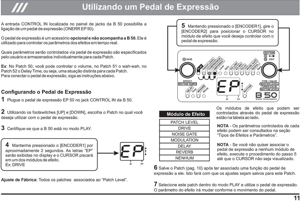 Quais parâmetros serão controlados via pedal de expressão são especificados pelo usuário e armazenados individualmente para cada Patch.