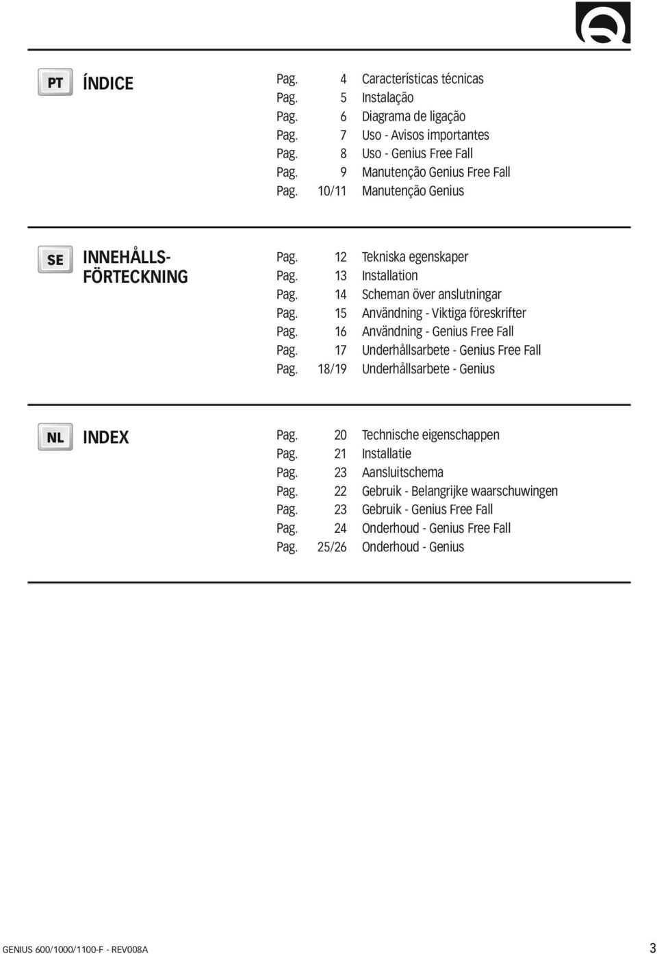 16 Användning - Genius Free Fall Pag. 17 Underhållsarbete - Genius Free Fall Pag. 18/19 Underhållsarbete - Genius NL INDEX Pag. 20 Technische eigenschappen Pag. 21 Installatie Pag.