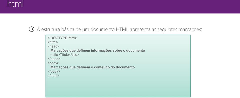 DOCTYPE html> <html> <head> Marcações que definem informações