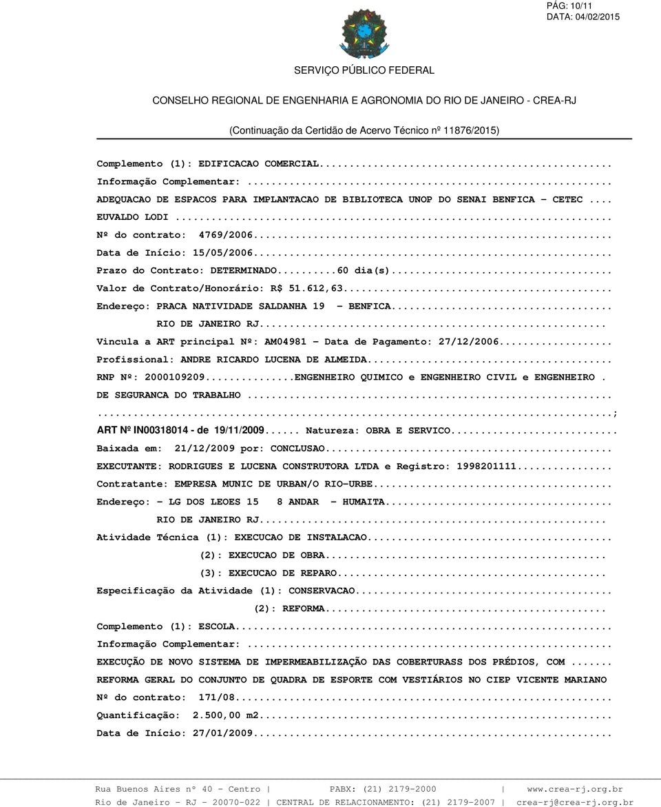 .. Vincula a ART principal Nº: AM04981 - Data de Pagamento: 27/12/2006... Profissional: ANDRE RICARDO LUCENA DE ALMEIDA... RNP Nº: 2000109209...ENGENHEIRO QUIMICO e ENGENHEIRO CIVIL e ENGENHEIRO.