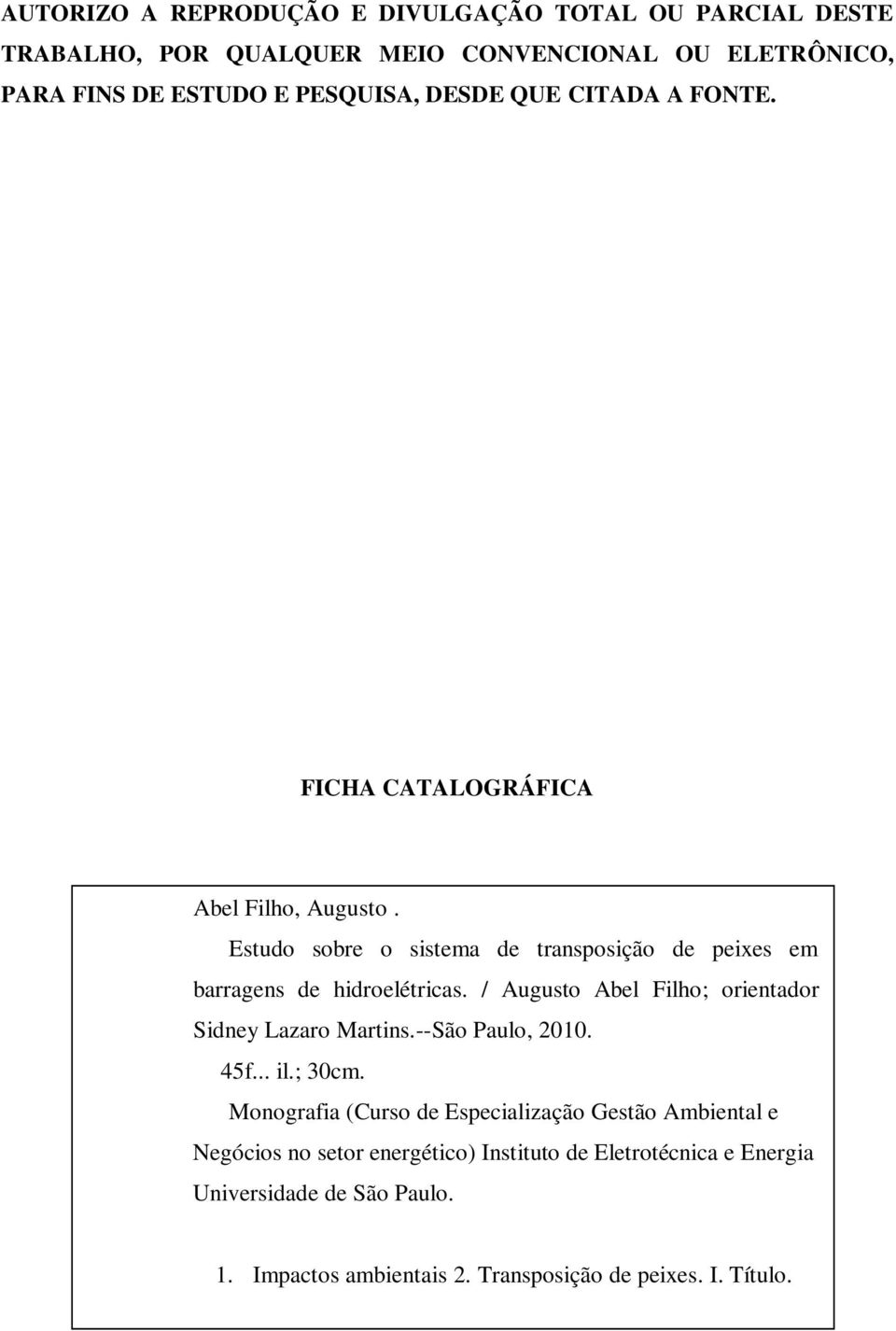 / Augusto Abel Filho; orientador Sidney Lazaro Martins.--São Paulo, 2010. 45f... il.; 30cm.