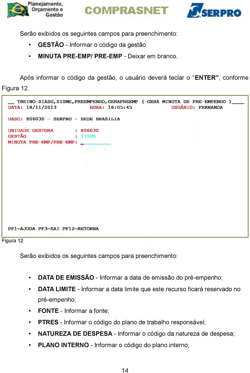 Figura 12 Serão exibidos os seguintes campos para preenchimento: DATA DE EMISSÃO - Informar a data de emissão do pré-empenho; DATA LIMITE - Informar a data