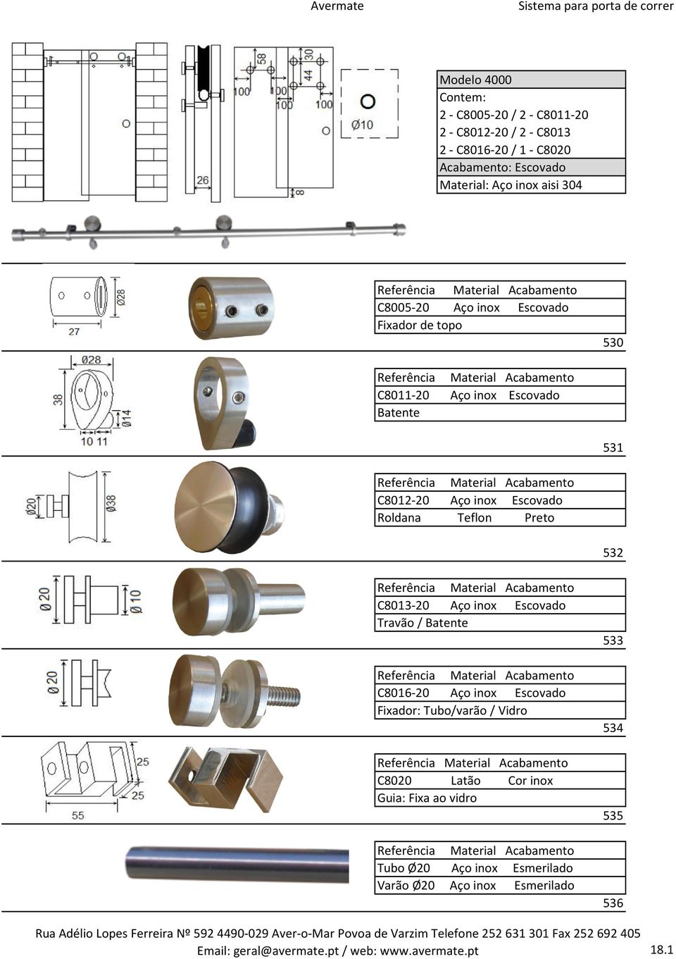 Travão / C8016-20 Aço inox Escovado Fixador: Tubo/varão / Vidro C8020 Latão Cor inox Guia: Fixa ao vidro Tubo