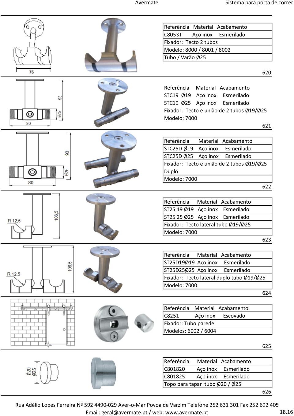 Aço inox Esmerilado Fixador: Tecto lateral tubo Ø19/Ø25 Modelo: 7000 623 ST25D19Ø19 Aço inox Esmerilado ST25D25Ø25 Aço inox Esmerilado Fixador: Tecto lateral duplo tubo Ø19/Ø25 Modelo: 7000 624