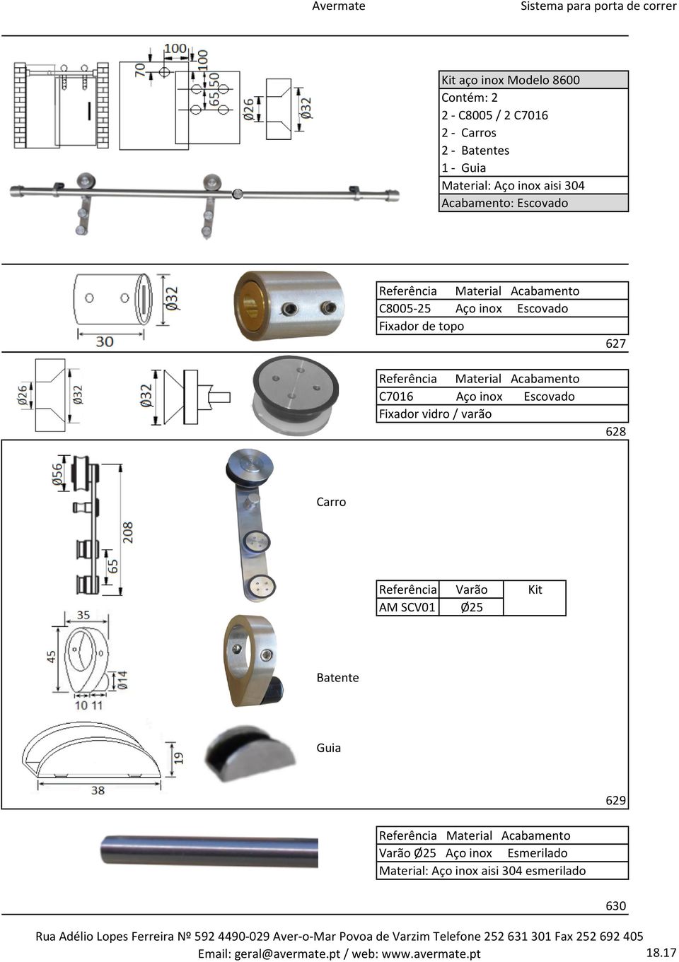 627 628 Carro Referência Varão AM SCV01 Ø25 Kit Guia 629 Varão Ø25 Aço inox