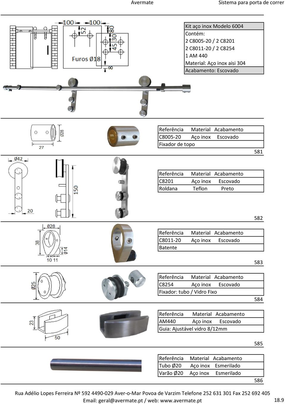 Fixador: tubo / Vidro Fixo 584 AM440 Aço inox Escovado Guia: Ajustável vidro 8/12mm 585 Tubo Ø20