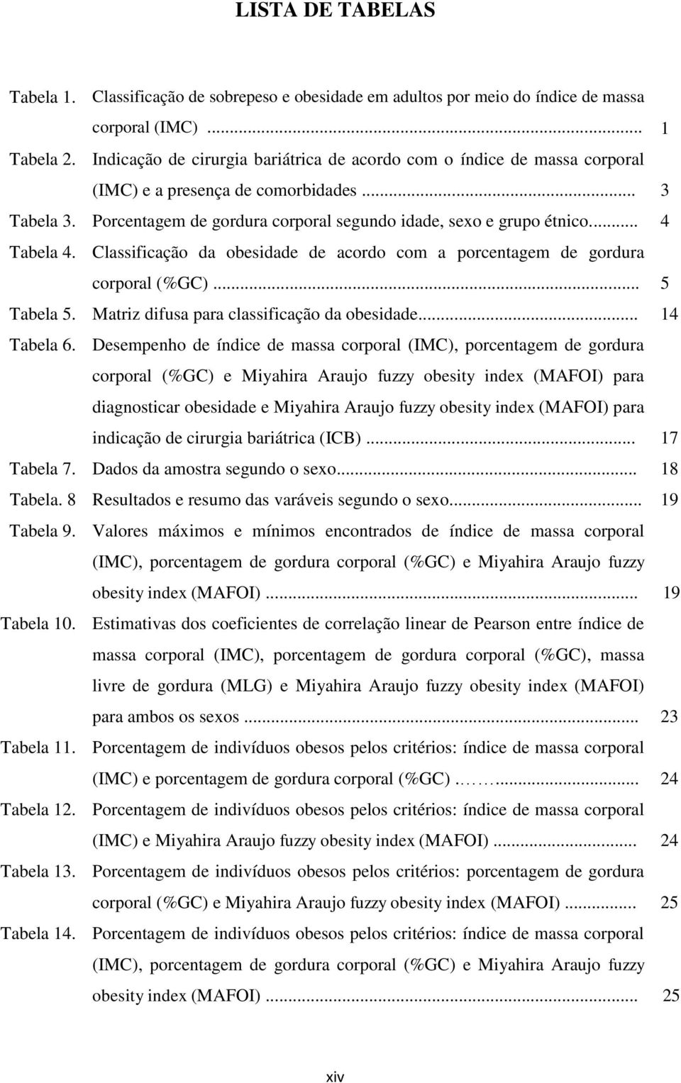 .. 4 Tabela 4. Classificação da obesidade de acordo com a porcentagem de gordura corporal (%GC)... 5 Tabela 5. Matriz difusa para classificação da obesidade... 14 Tabela 6.