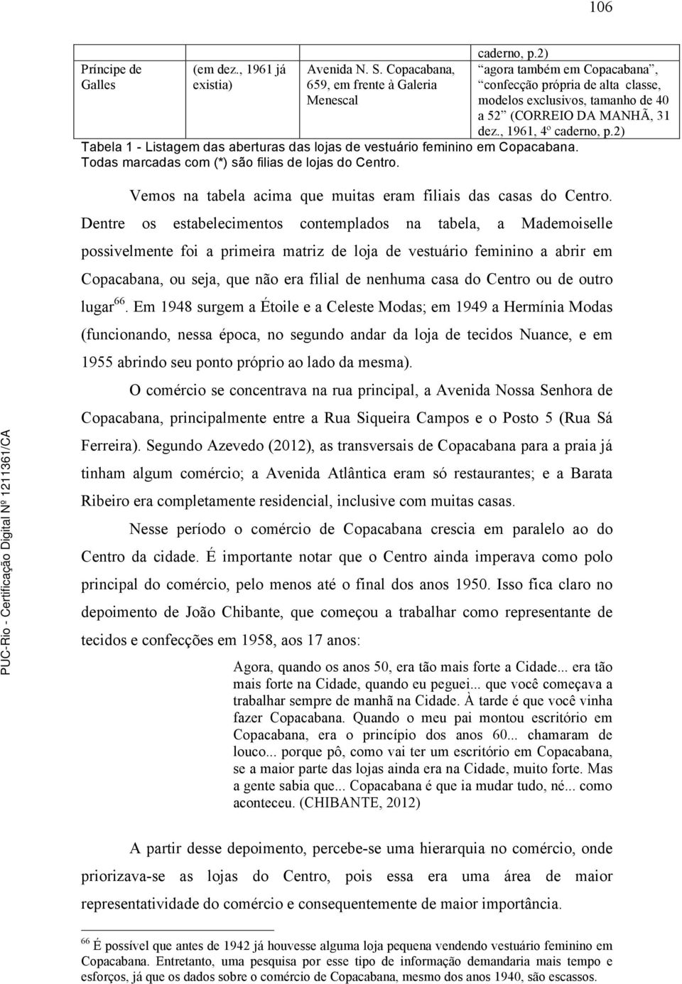 2) Tabela 1 - Listagem das aberturas das lojas de vestuário feminino em Copacabana. Todas marcadas com (*) são filias de lojas do Centro.