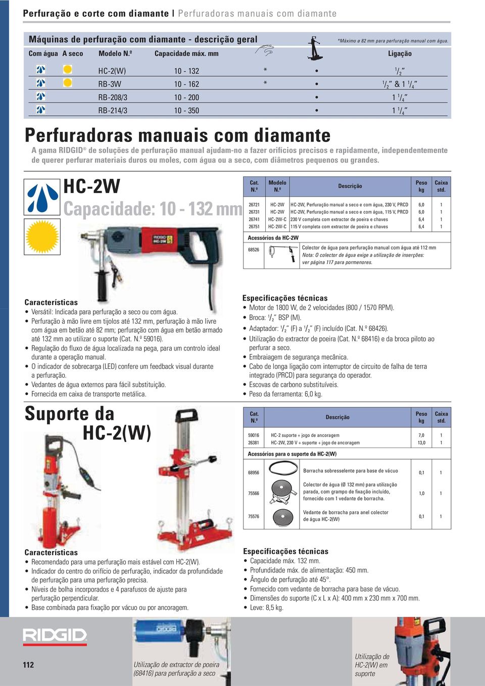 Ligação HC-2(W) 10-132 * 1 / 2 RB-3W 10-162 * 1 / 2 & 1 1 / 4 RB-208/3 10-200 1 1 / 4 RB-214/3 10-350 1 1 / 4 Perfuradoras manuais com diamante A gama RIDGID de soluções de perfuração manual