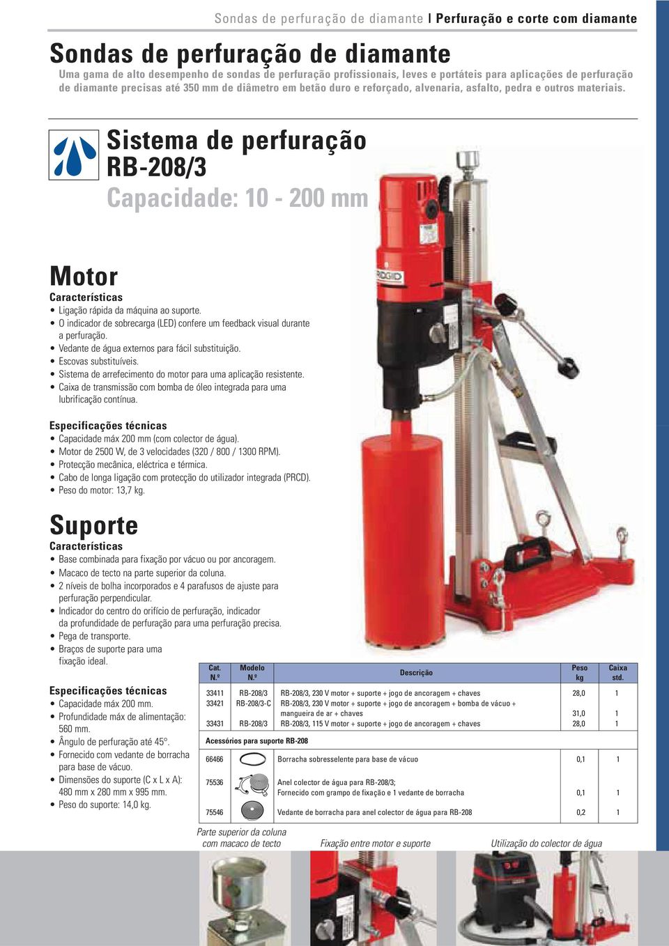 Sistema de perfuração RB-208/3 Capacidade: 10-200 Motor Ligação rápida da máquina ao suporte. O indicador de sobrecarga (LED) confere um feedback visual durante a perfuração.