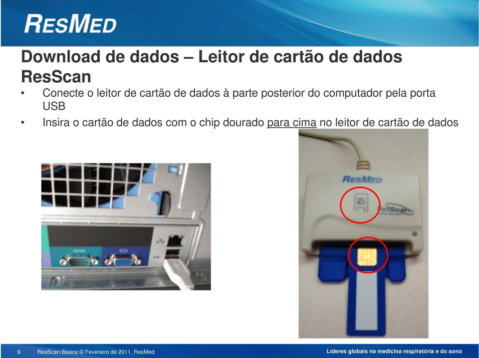 do computador pela porta USB Insira o cartão de dados