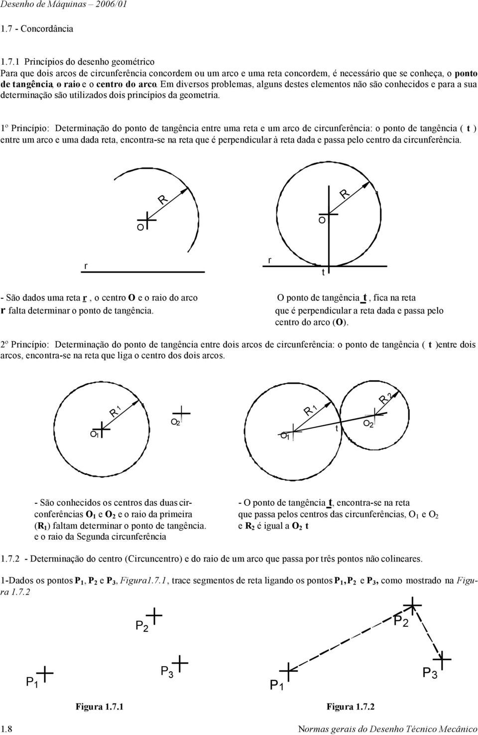 º Princípio: Determinação do ponto de tangência entre uma reta e um arco de circunferência: o ponto de tangência ( t ) entre um arco e uma dada reta, encontra-se na reta que é perpendicular à reta