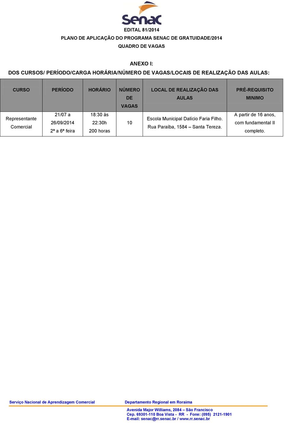 18:30 às Representante 26/09/2014 22:30h Comercial 2ª a 6ª feira 200 horas 10 LOCAL DE REALIZAÇÃO DAS AULAS Escola