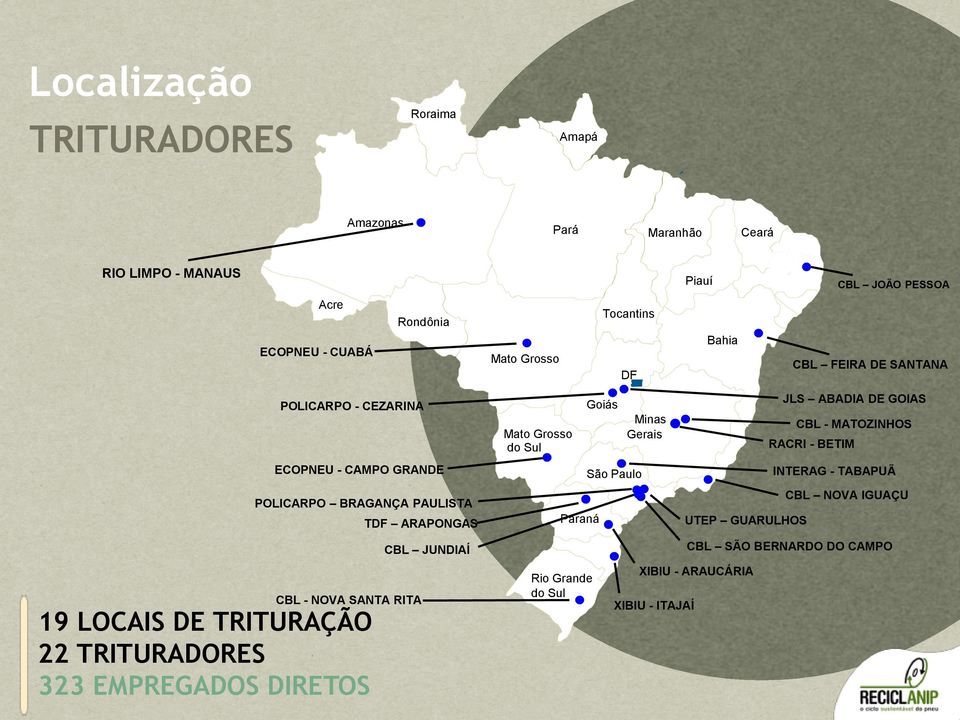 TRITURAÇÃO 22 TRITURADORES 323 EMPREGADOS DIRETOS TDF ARAPONGAS CBL JUNDIAÍ Mato Grosso do Sul Paraná Rio Grande do Sul Goiás São Paulo Minas Gerais