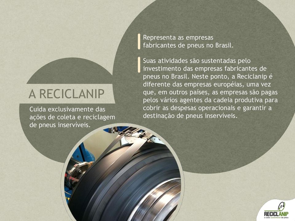 Suas atividades são sustentadas pelo investimento das empresas fabricantes de pneus no Brasil.