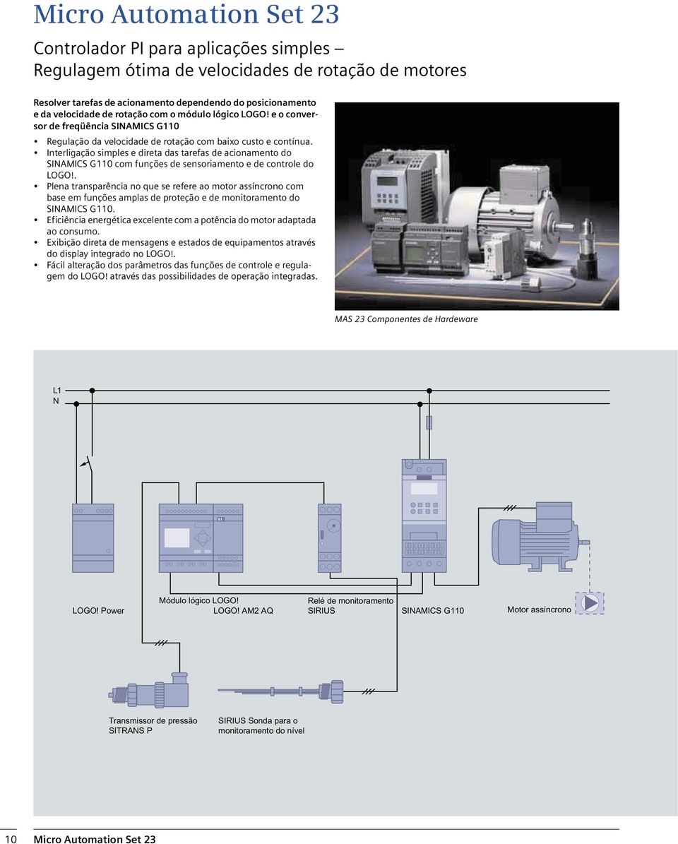 Interligação simples e direta das tarefas de acionamento do SINAMICS G110 com funções de sensoriamento e de controle do LOGO!