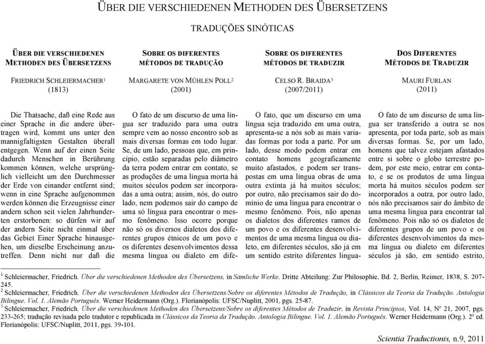 BRAIDA 3 (2007/2011) MAURI FURLAN (2011) Die Thatsache, daß eine Rede aus einer Sprache in die andere übertragen wird, kommt uns unter den mannigfaltigsten Gestalten überall entgegen.