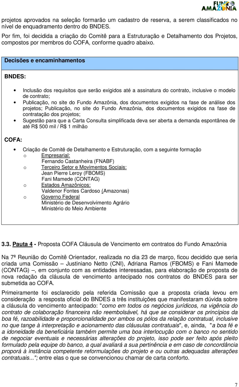 Decisões e encaminhamentos BNDES: Inclusão dos requisitos que serão exigidos até a assinatura do contrato, inclusive o modelo de contrato; Publicação, no site do Fundo Amazônia, dos documentos
