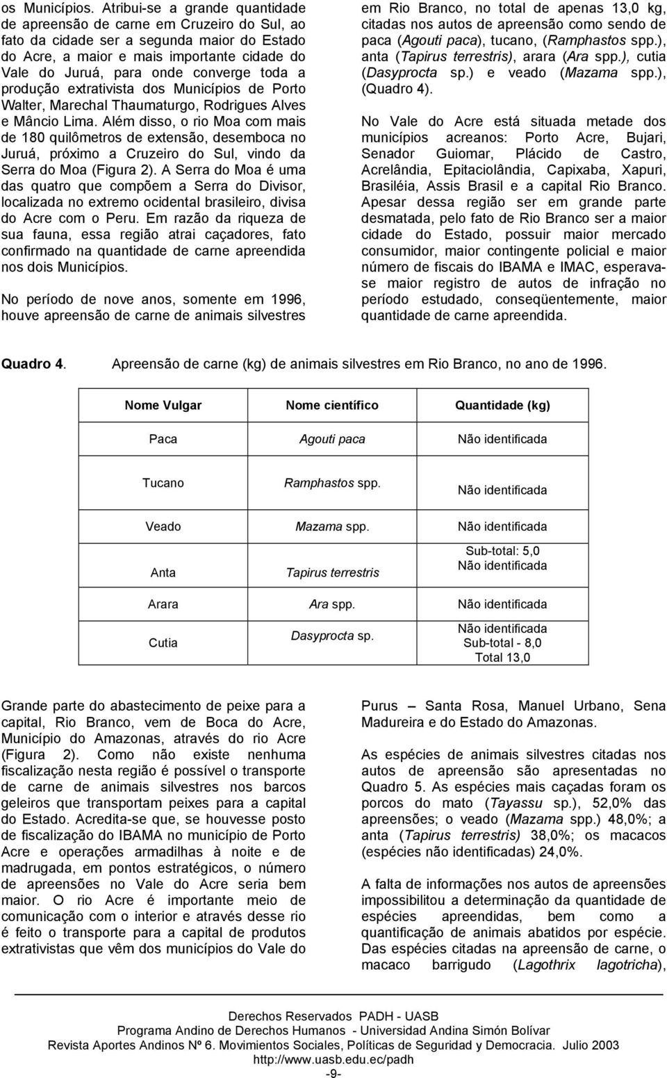 toda a produção extrativista dos Municípios de Porto Walter, Marechal Thaumaturgo, Rodrigues Alves e Mâncio Lima.