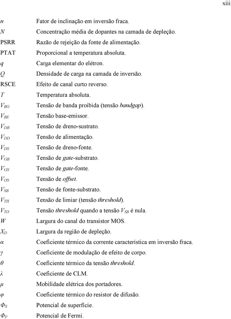 Densidade de carga na camada de inversão. Efeito de canal curto reverso. Temperatura absoluta. Tensão de banda proibida (tensão bandgap. Tensão base-emissor. Tensão de dreno-sustrato.