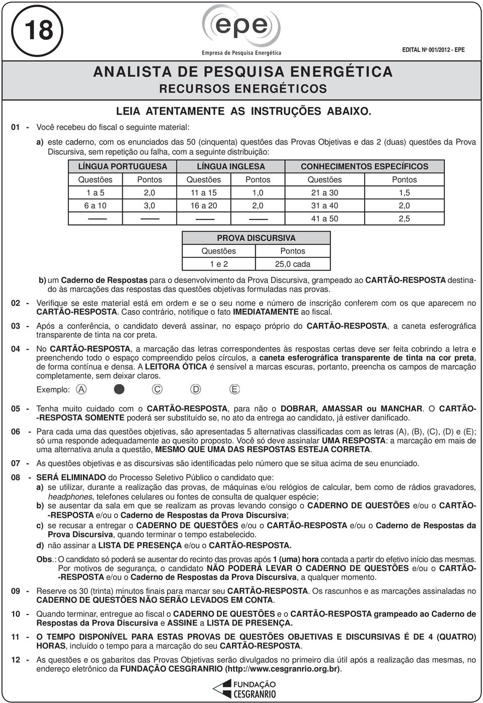 LÍNGUA INGLESA CONHECIMENTOS ESPECÍFICOS Questões Pontos Questões Pontos Questões Pontos 1 a 5 2,0 11 a 15 1,0 21 a 30 1,5 6 a 10 3,0 16 a 20 2,0 31 a 40 2,0 TÉCNICO(A) AMBIENTAL JÚNIOR 18 PROVA