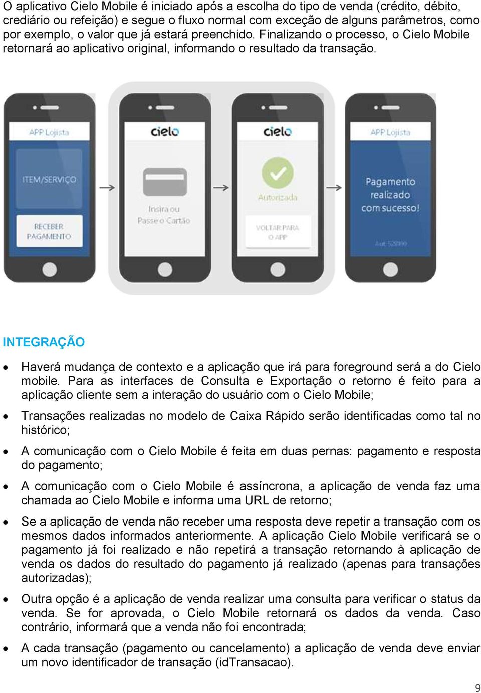 INTEGRAÇÃO Haverá mudança de contexto e a aplicação que irá para foreground será a do Cielo mobile.