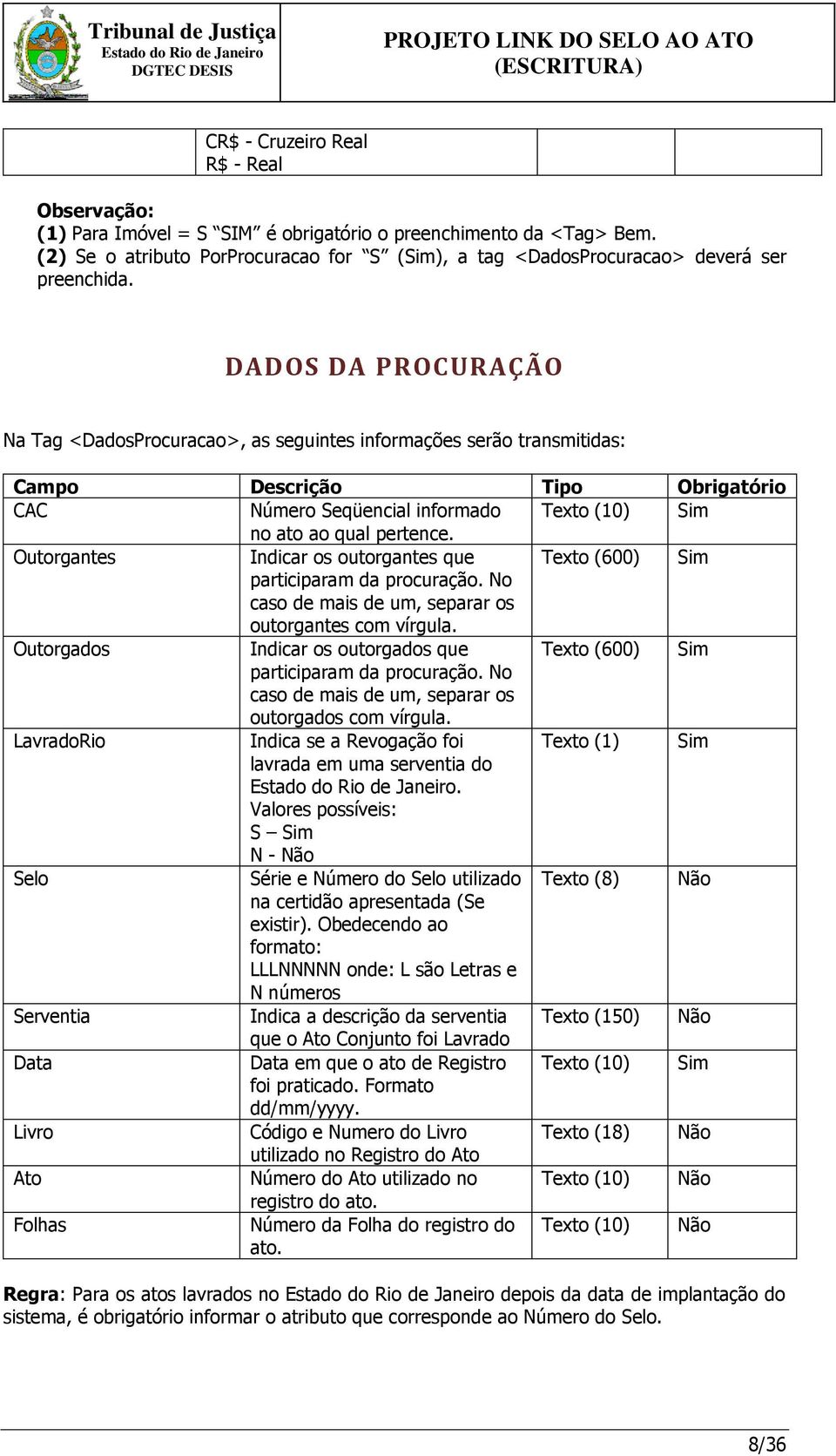 DADOS DA PROCURAÇÃO Na Tag <DadosProcuracao>, as seguintes informações serão transmitidas: Campo Descrição Tipo Obrigatório CAC Número Seqüencial informado Texto (10) Sim no ato ao qual pertence.