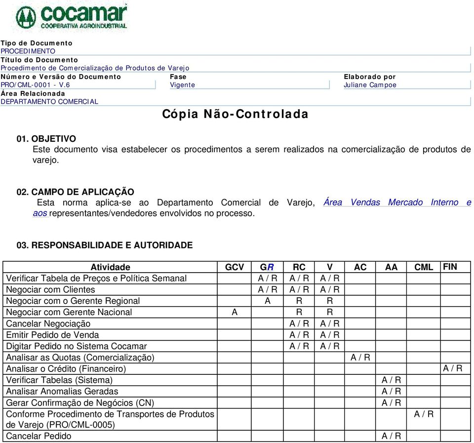 OBJETIVO Este documento visa estabelecer os procedimentos a serem realizados na comercialização de produtos de varejo. 02.