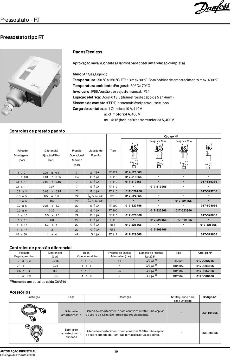 5 (diâmetros de cabo de 5 a mm) Sistema de contato: SPDT, intercambiável para outros tipos Carga de contato: ac Ôhmico: A, V ac3 (motor): A, V ac/5 (bobina/transformador): 3 A, V Controles de pressão