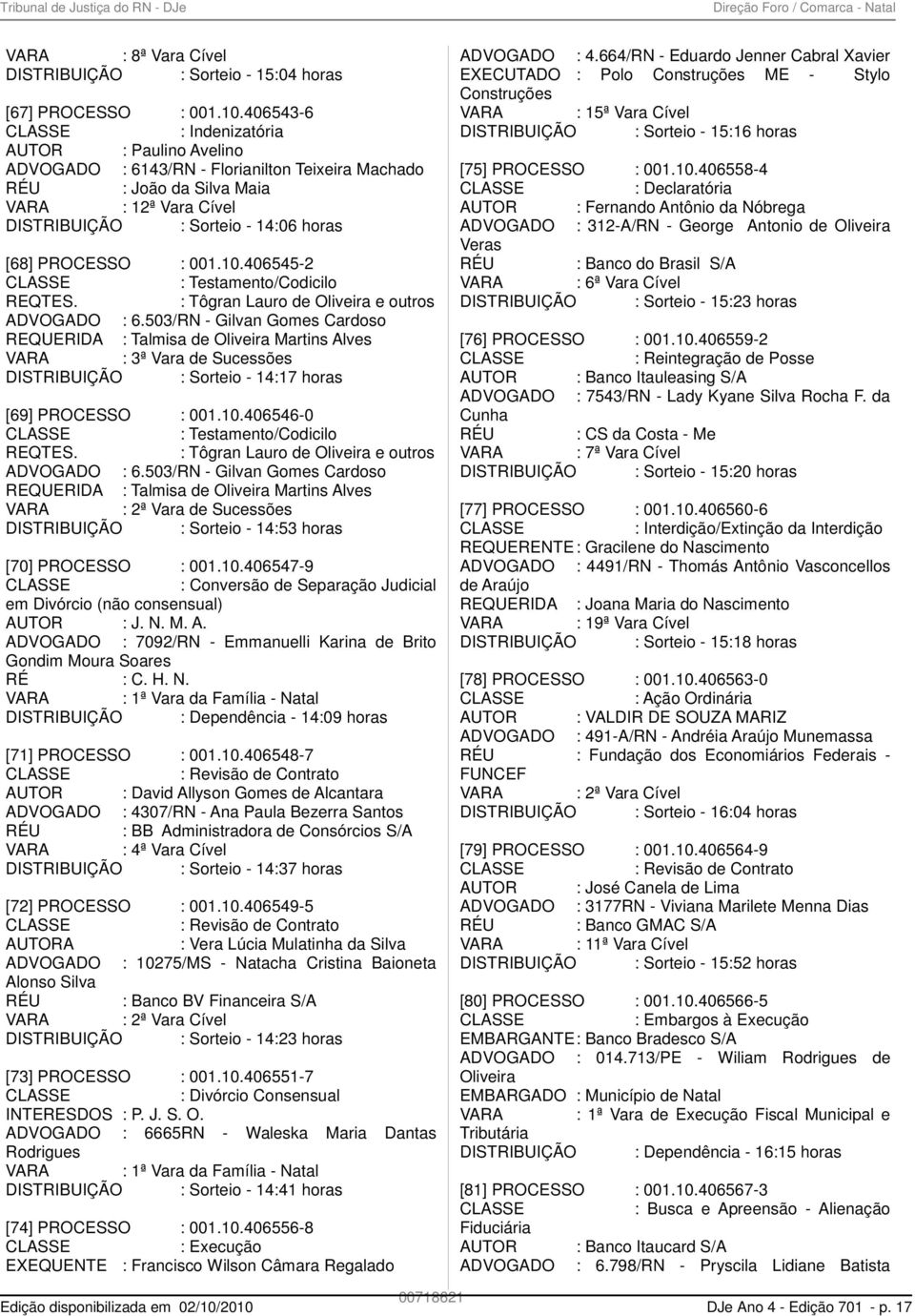 001.10.406545-2 : Testamento/Codicilo REQTES. : Tôgran Lauro de Oliveira e outros ADVOGADO : 6.