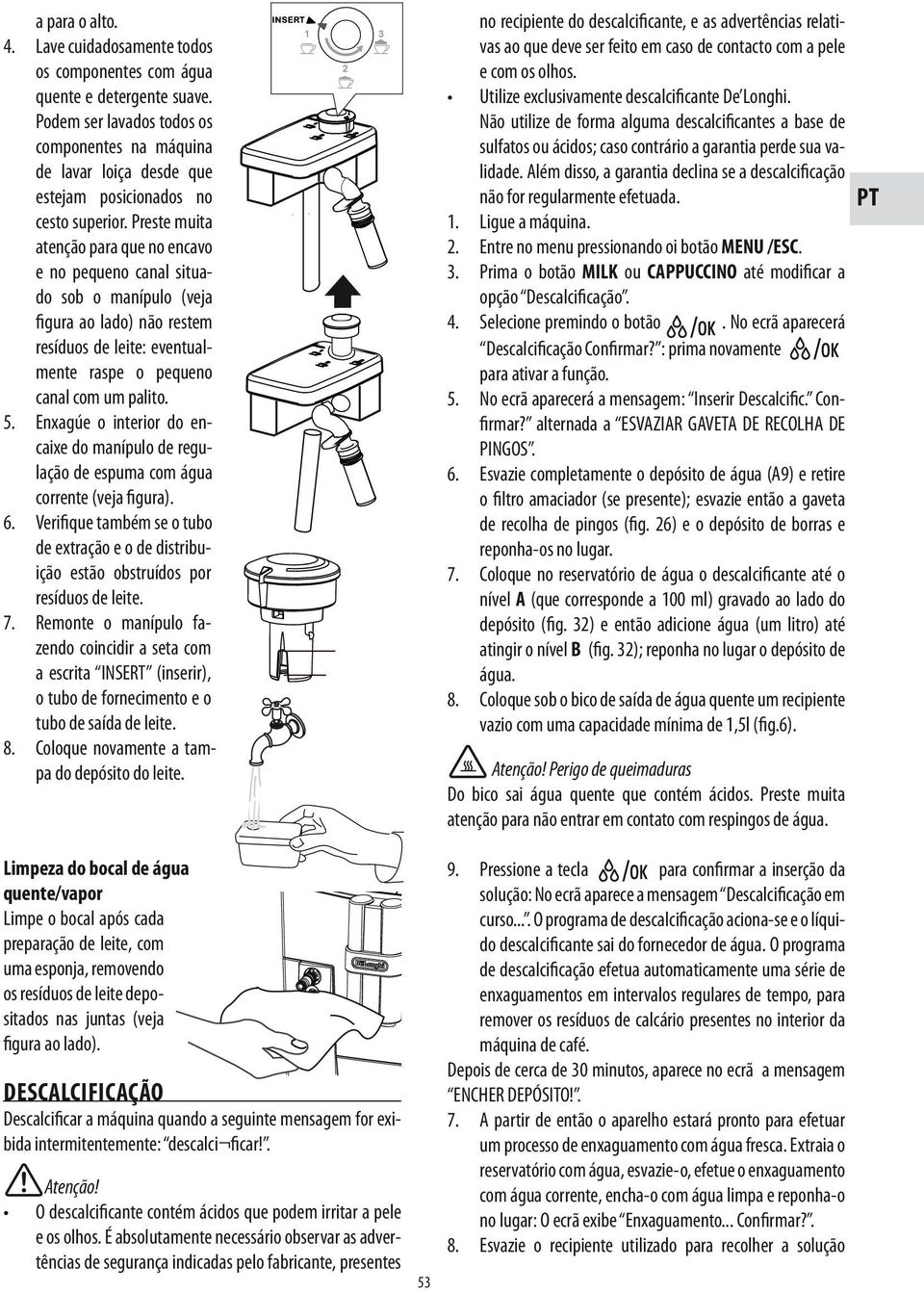 Preste muita atenção para que no encavo e no pequeno canal situado sob o manípulo (veja figura ao lado) não restem resíduos de leite: eventualmente raspe o pequeno canal com um palito. 5.