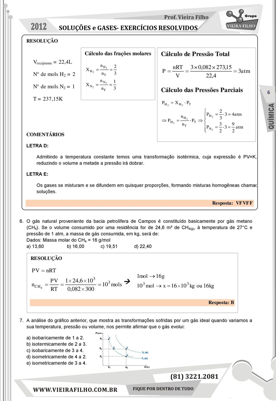 LER E: Os gases se misturam e se difudem em quisquer proporções, formado misturas homogêeas chamadas de soluções. Resposta: VFVFF 6.