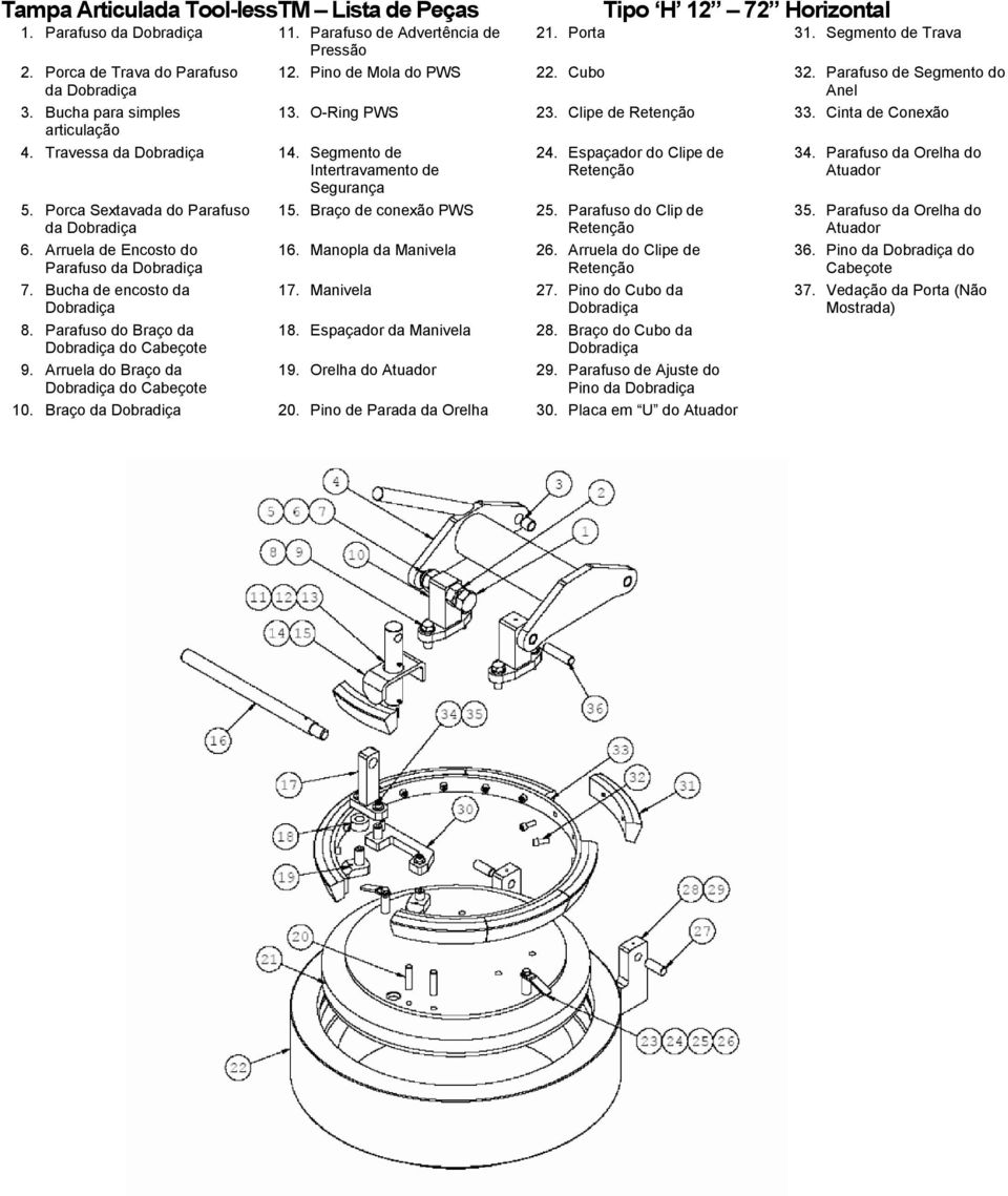 Arruela do Braço da do Tipo H 12 72 Horizontal 21. 31. Segmento de Trava 12. Pino de Mola do PWS 22. 32. Parafuso de Segmento do Anel 13. O-Ring PWS 23. Clipe de 33. Cinta de Conexão 24.