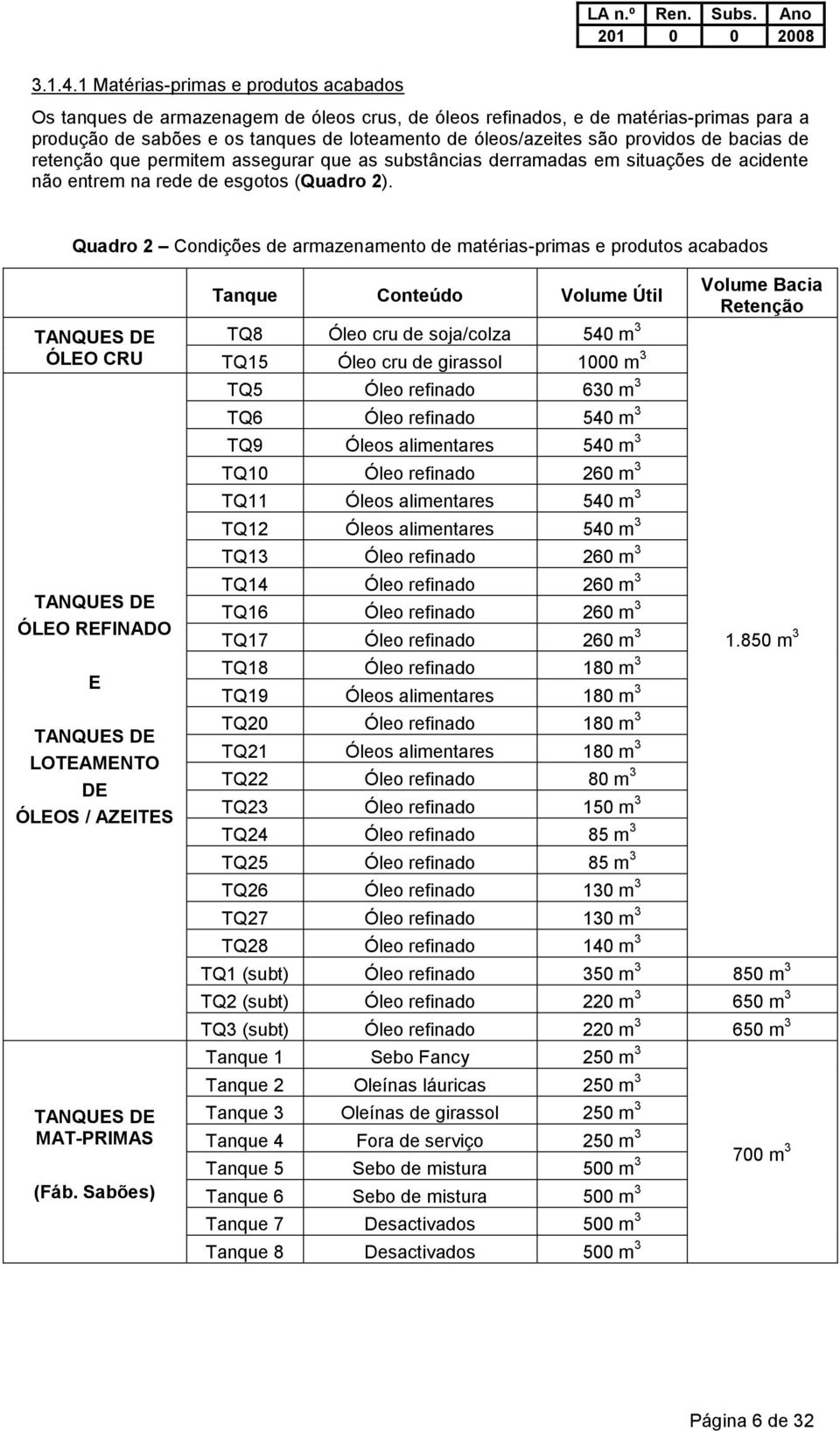 providos de bacias de retenção que permitem assegurar que as substâncias derramadas em situações de acidente não entrem na rede de esgotos (Quadro 2).