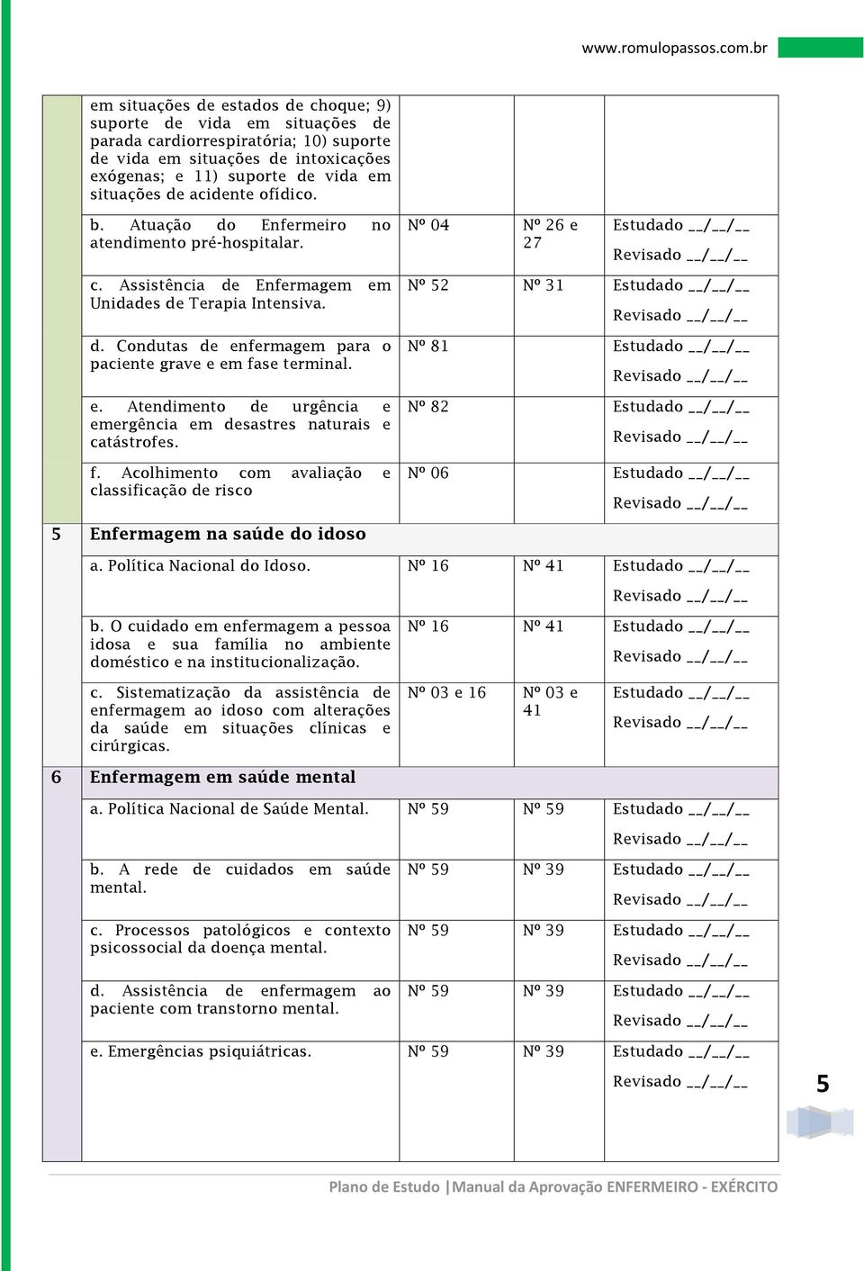 e. Atendimento de urgência e emergência em desastres naturais e catástrofes. f. Acolhimento com avaliação e classificação de risco Nº 52 Nº 31 Nº 81 Nº 82 Nº 06 5 Enfermagem na saúde do idoso a.