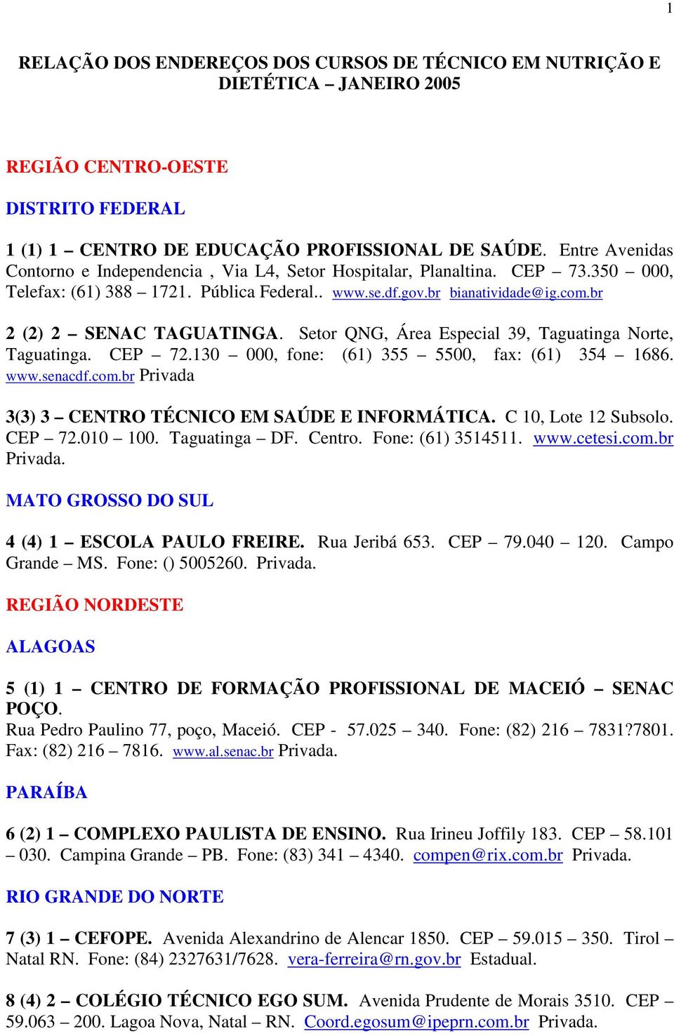 br 2 (2) 2 SENAC TAGUATINGA. Setor QNG, Área Especial 39, Taguatinga Norte, Taguatinga. CEP 72.130 000, fone: (61) 355 5500, fax: (61) 354 1686. www.senacdf.com.