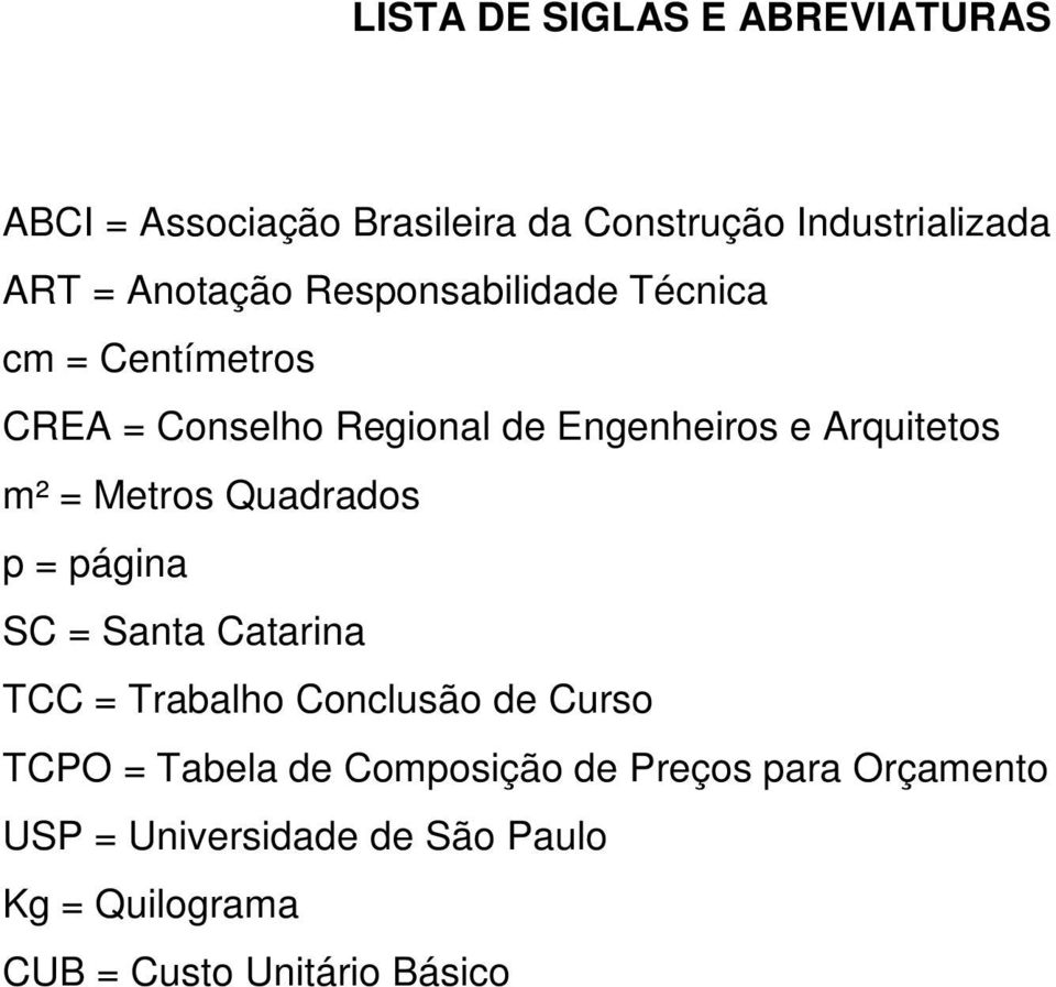 m² = Metros Quadrados p = página SC = Santa Catarina TCC = Trabalho Conclusão de Curso TCPO = Tabela de