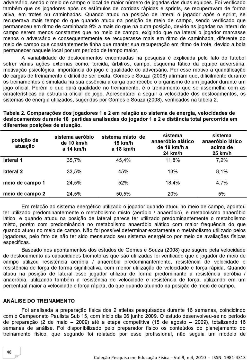 Quando atuou na posição de lateral o jogador após o sprint, se recuperava mais tempo do que quando atuou na posição de meio de campo, sendo verificado que permaneceu em ritmo de caminhada 9% a mais