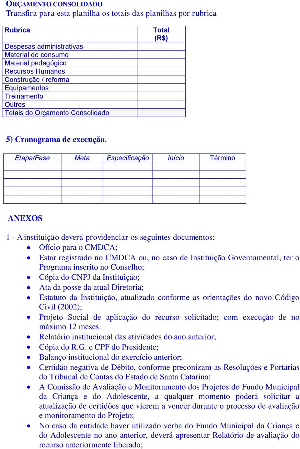 Etapa/Fase Meta Especificação Início Término ANEXOS 1 - A instituição deverá providenciar os seguintes documentos: Ofício para o CMDCA; Estar registrado no CMDCA ou, no caso de Instituição