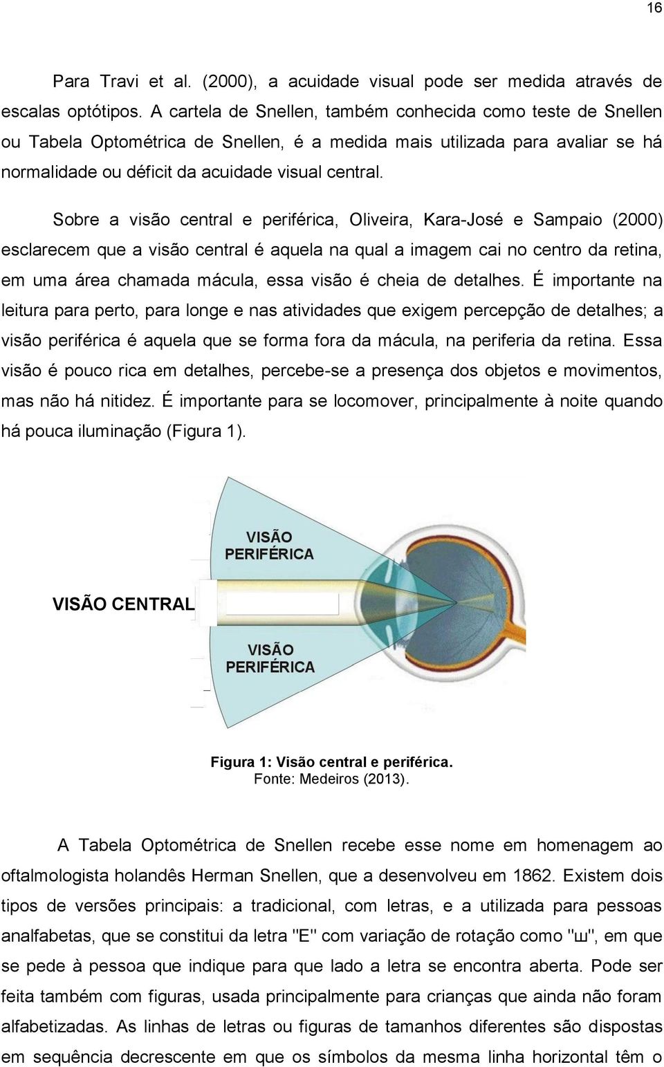Sobre a visão central e periférica, Oliveira, Kara-José e Sampaio (2000) esclarecem que a visão central é aquela na qual a imagem cai no centro da retina, em uma área chamada mácula, essa visão é