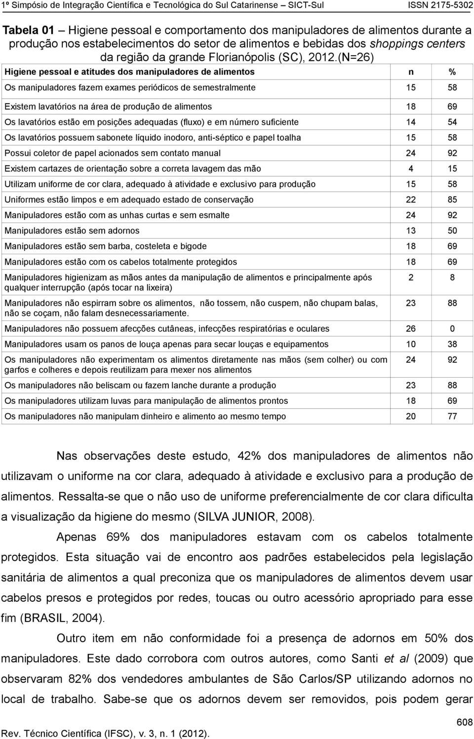 (N=26) Higiene pessoal e atitudes dos manipuladores de alimentos n % Os manipuladores fazem exames periódicos de semestralmente 15 58 Existem lavatórios na área de produção de alimentos 18 69 Os