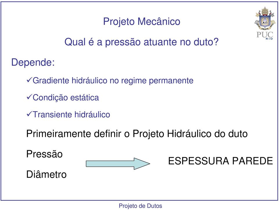 Condição estática Transiente hidráulico Primeiramente