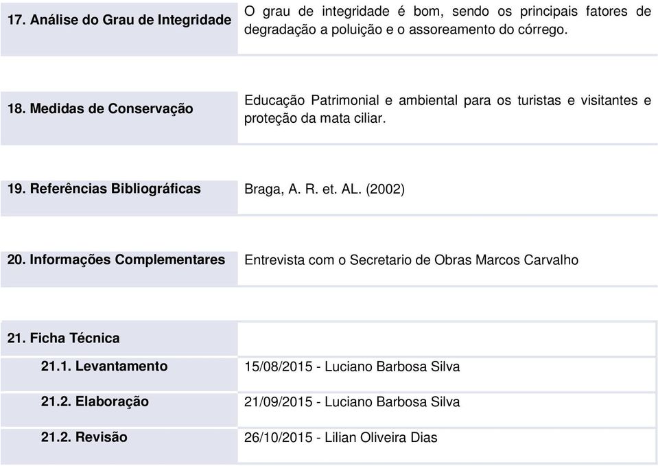 Referências Bibliográficas Braga, A. R. et. AL. (2002) 20. Informações Complementares Entrevista com o Secretario de Obras Marcos Carvalho 21.