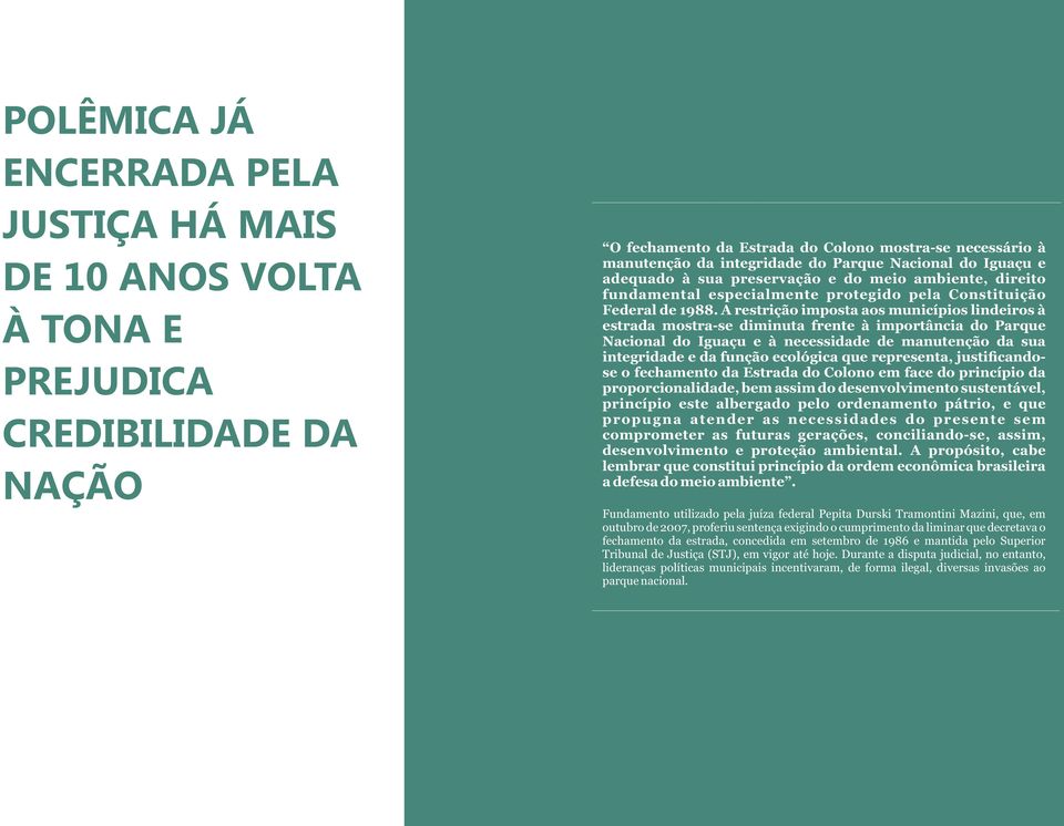 A restrição imposta aos municípios lindeiros à estrada mostra-se diminuta frente à importância do Parque Nacional do Iguaçu e à necessidade de manutenção da sua integridade e da função ecológica que