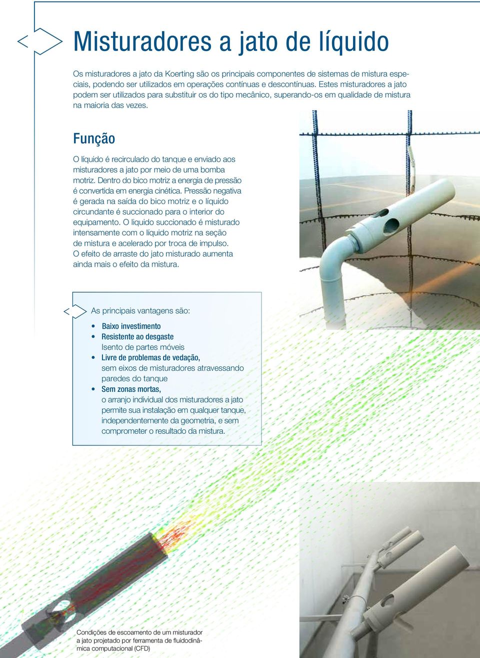 Função O líquido é recirculado do tanque e enviado aos misturadores a jato por meio de uma bomba motriz. Dentro do bico motriz a energia de pressão é convertida em energia cinética.