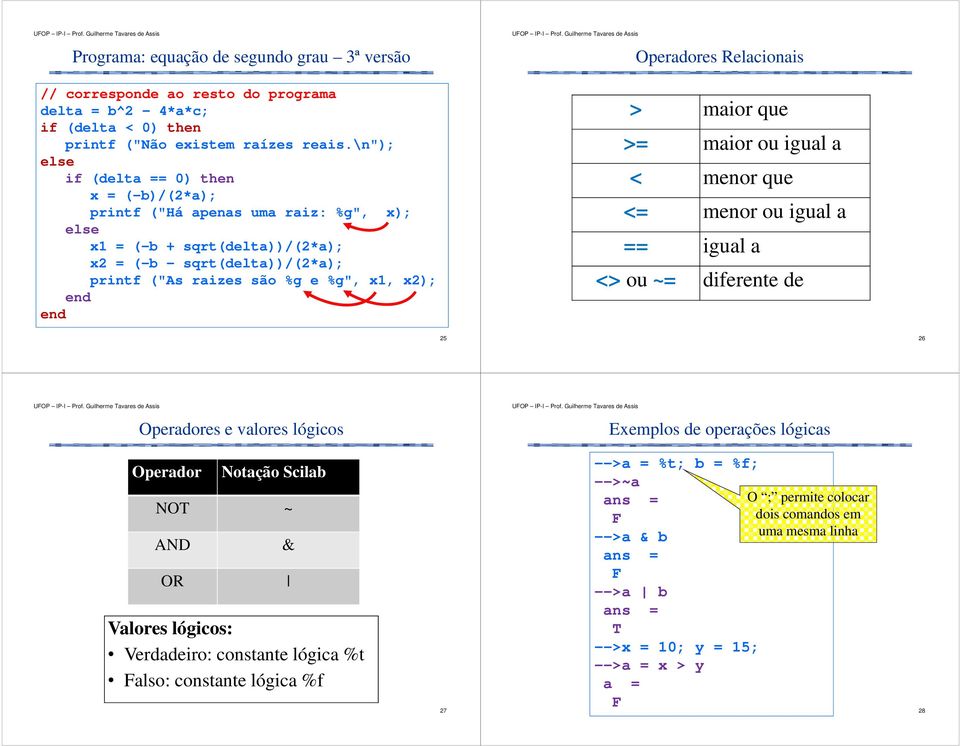 maior ou igual a < menor que <= menor ou igual a == igual a <> ou ~= diferente de 25 26 Operadores e valores lógicos Exemplos de operações lógicas Operador Notação Scilab NOT ~ AND & OR Valores